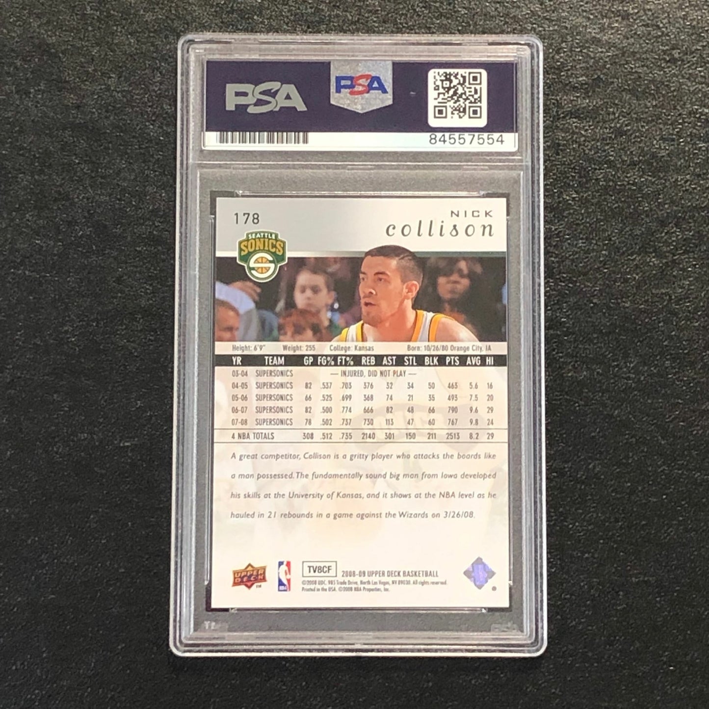 2008 Upper Deck #178 Nick Collison Signed Card AUTO 10 PSA Slabbed Sonics