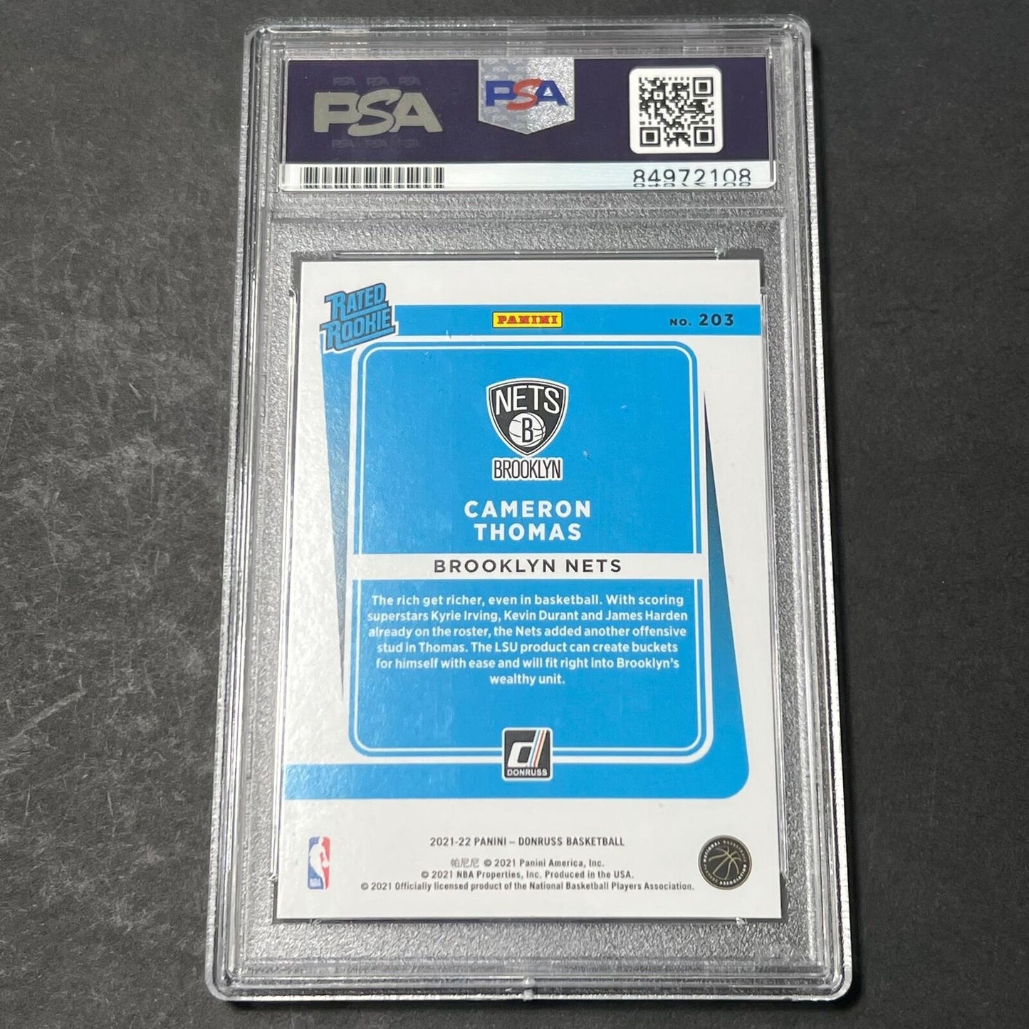 2021-22 Panini Donruss Rated Rookie Hoops #203 Cameron Thomas Signed Card PSA/DN