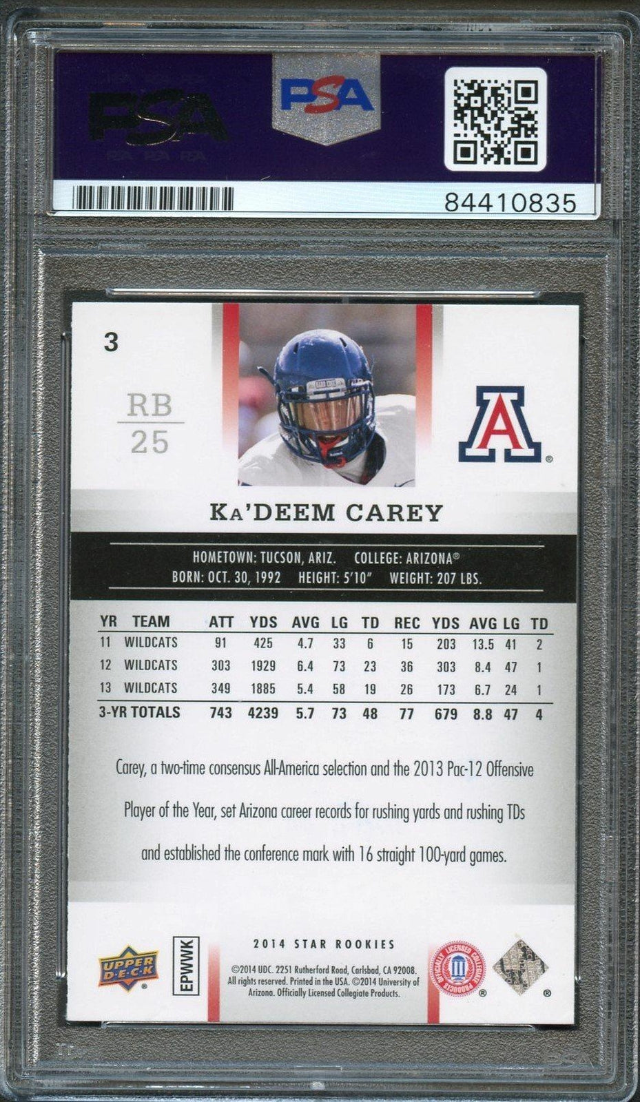 2014 UPPER DECK STAR ROOKIES #3 KA'DEEM CAREY Signed Card AUTO 10 PSA Slabbed