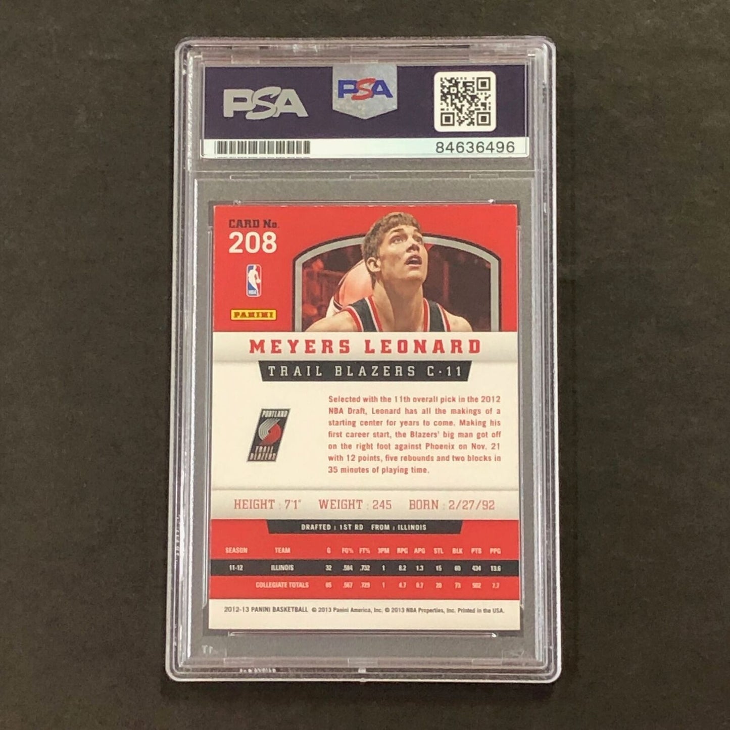 2012-13 Panini #208 Meyers Leonard Signed Card AUTO PSA Slabbed Trail Blazers
