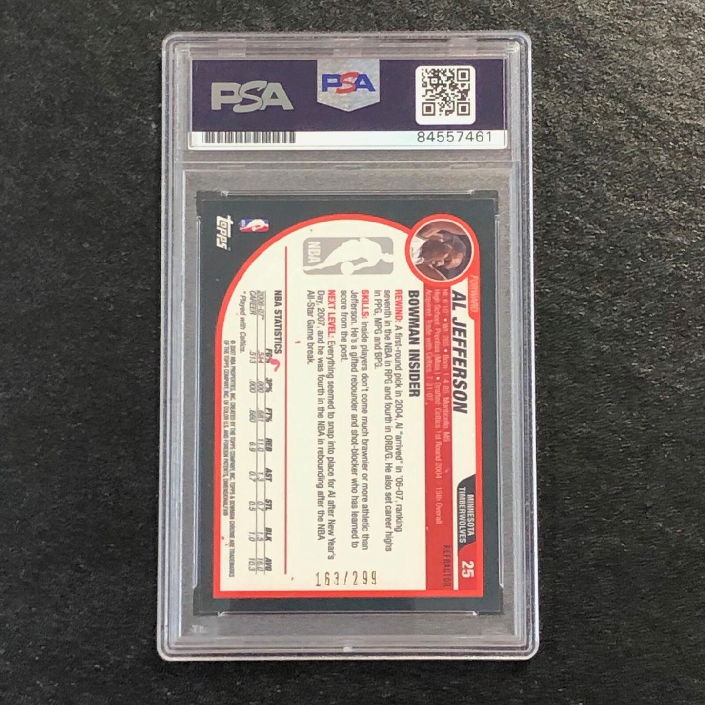 2007-08 Bowman Chrome #25 Al Jefferson Signed Card AUTO 10 PSA Slabbed Timberwol