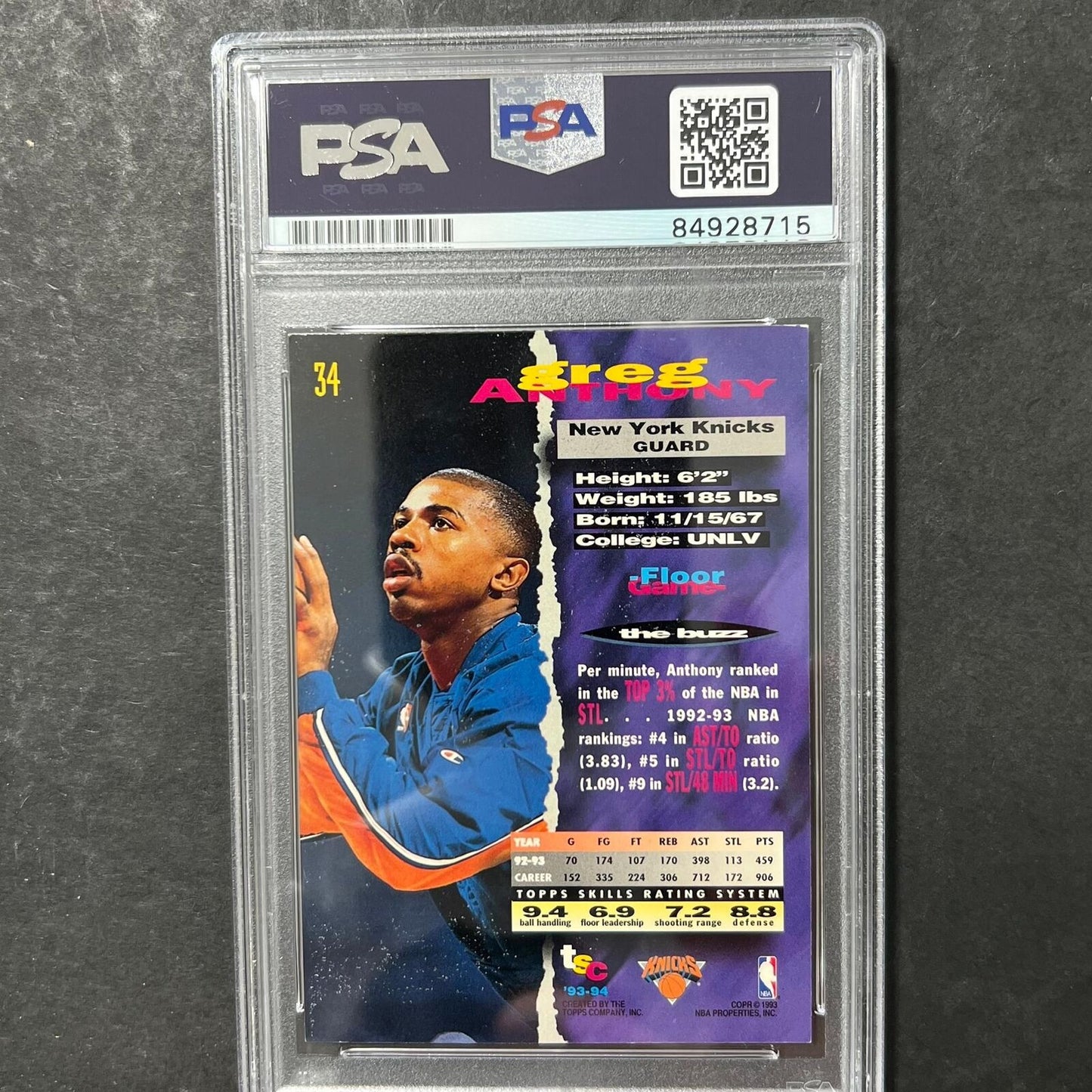 1993-94 Topps Stadium Club #34 Greg Anthony Signed Card AUTO PSA/DNA Slabbed Kni