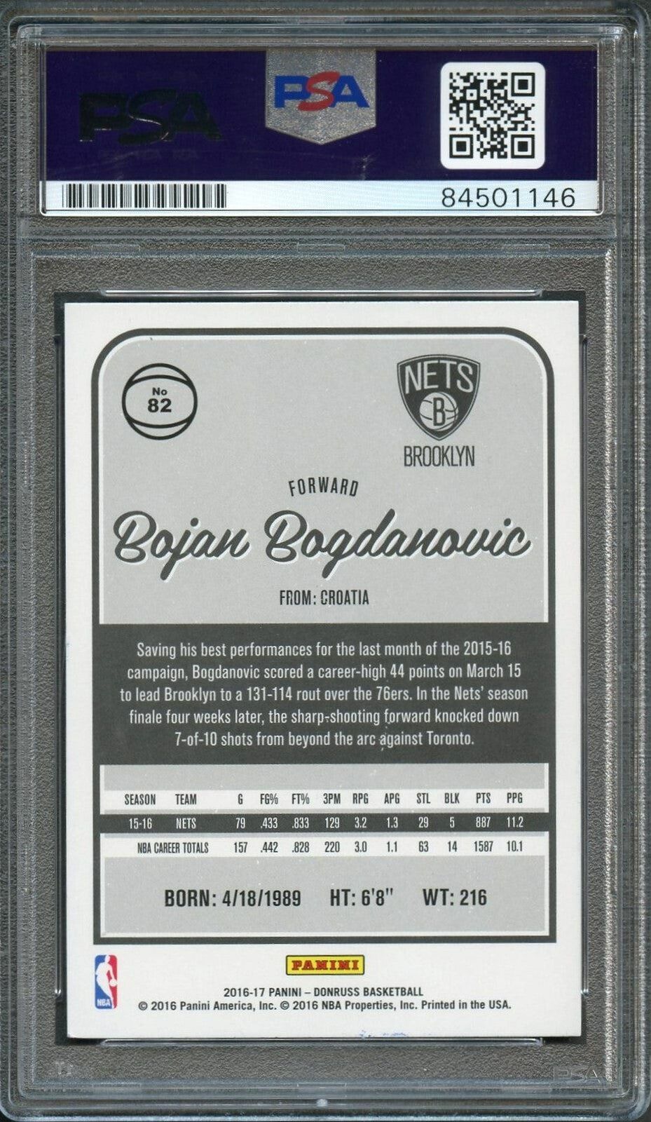 2016-17 Panini Donruss #82 Bojan Bogdanovic Signed Card AUTO PSA Slabbed Nets