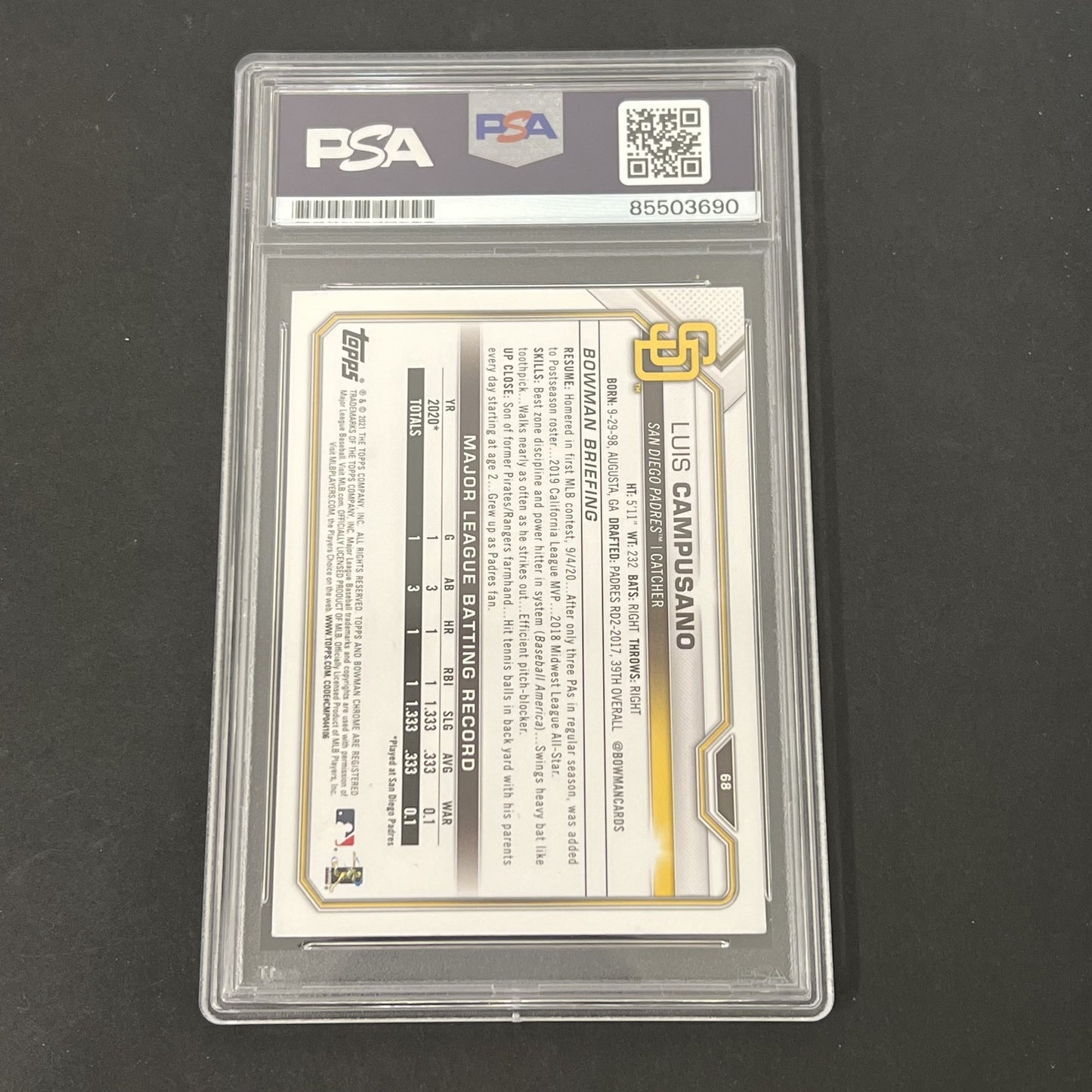 2021 Bowman Baseball #68 Luis Campusano Rookie signed card PSA