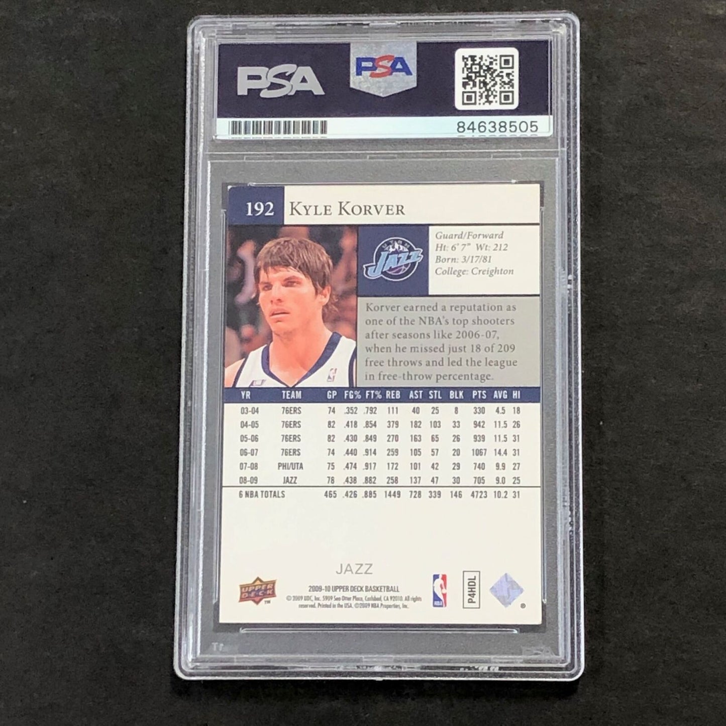 2009-10 Upper Deck #192 Kyle Korver Signed Card AUTO PSA Slabbed Jazz