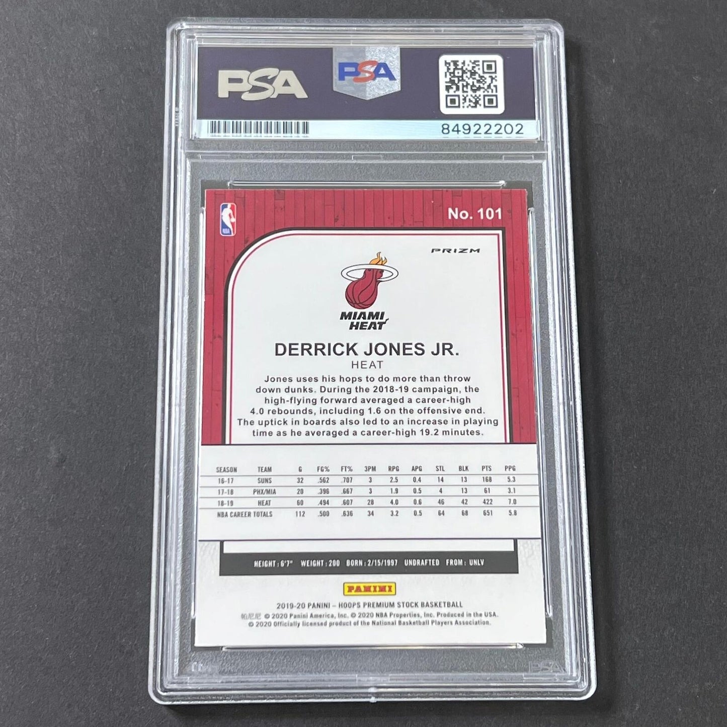 2019-20 NBA Hoops Premium #101 Derrick Jones Jr. Signed Card AUTO 10 PSA Slabbed
