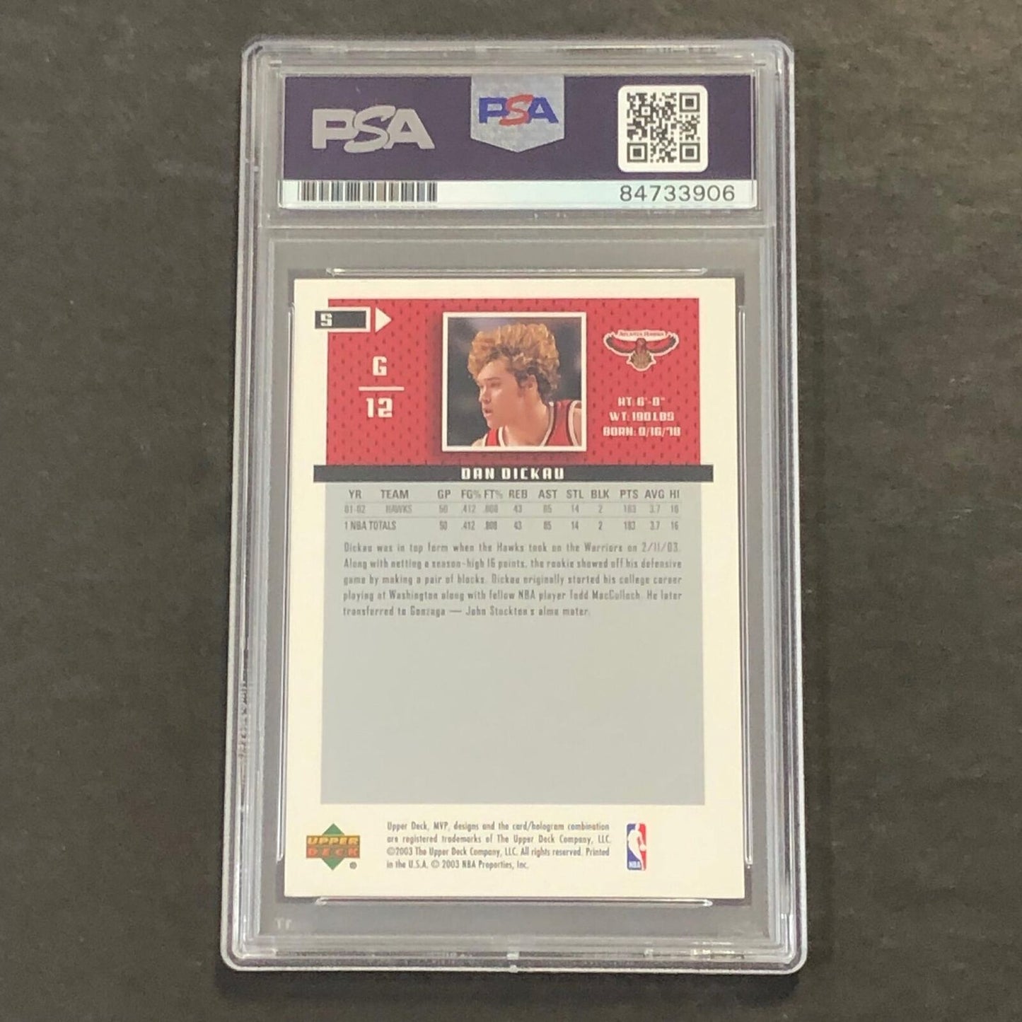 2002-03 Upper Deck MVP #5 Dan Dickau Signed Card AUTO GRADE 10 PSA Slabbed Hawks
