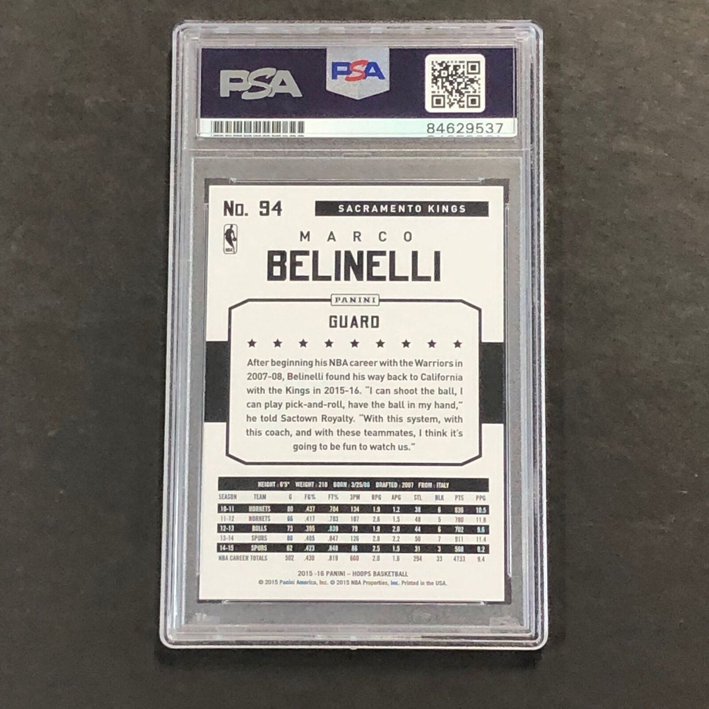 2015-16 NBA Hoops #94 Marco Belinelli Signed Card AUTO 10 PSA Slabbed Kings