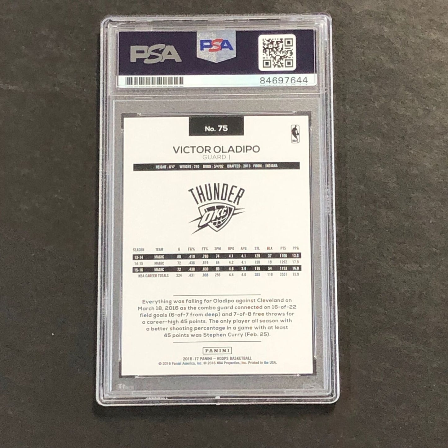 2016-17 Panini #75 Victor Oladipo AUTO signed card PSA/DNA Signed Thunder