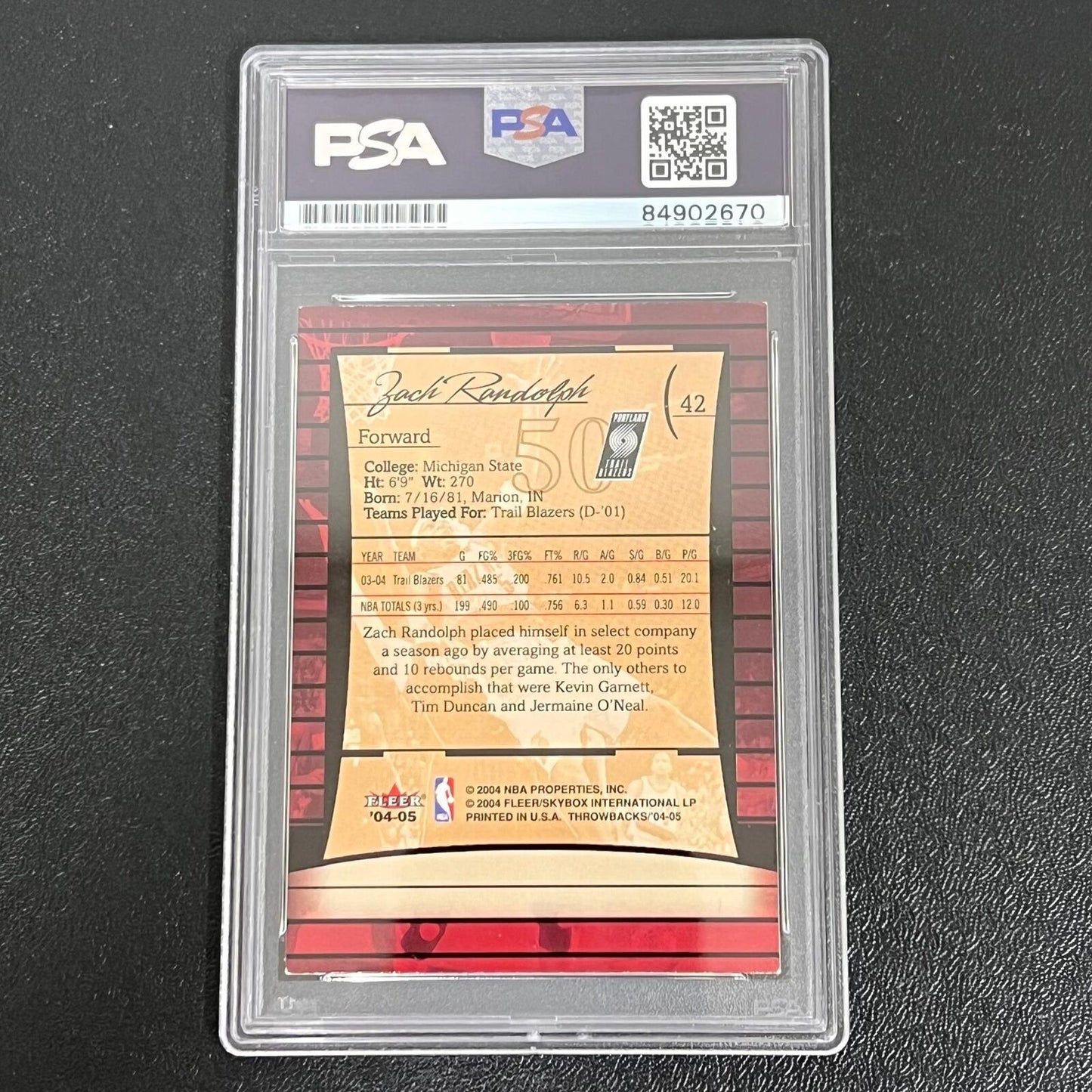 2004-05 Fleer #42 Zach Randolph signed Card Auto PSA Slabbed Trailblazers
