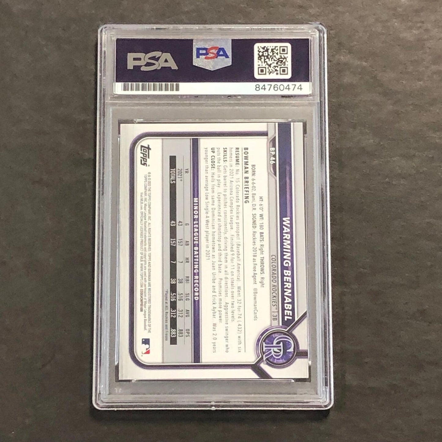 2021 Bowman Chrome #BP-46 Warming Bernabel Signed Card PSA Slabbed Auto 10 Rocki