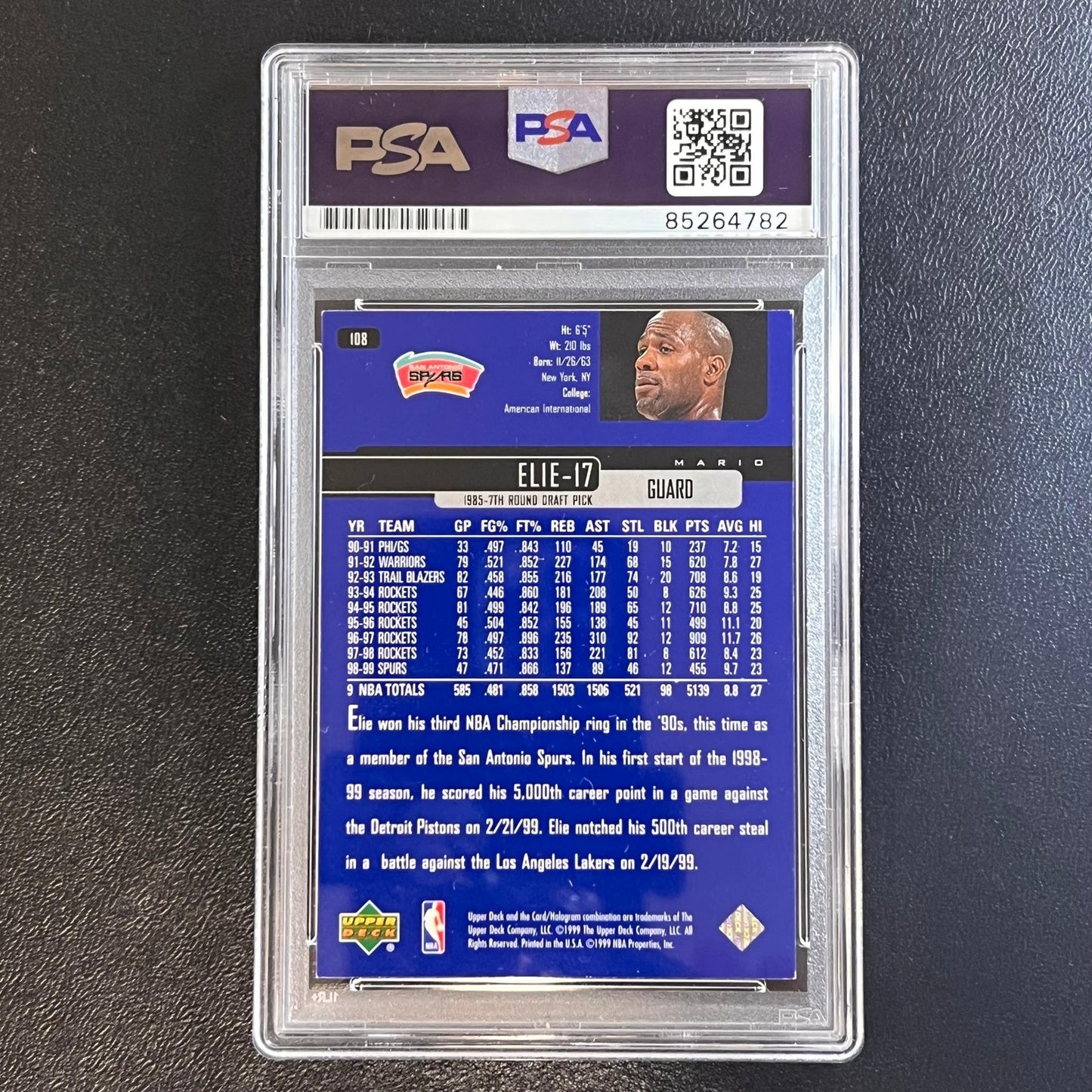 1999-2000 Upper Deck #108 Mario Elie Signed Card AUTO PSA Slabbed Spurs