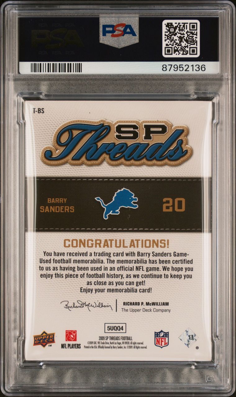 2009 SP Threads Patch #T-BS Barry Sanders Signed Card PSA Authentic AUTO 9 Slabb