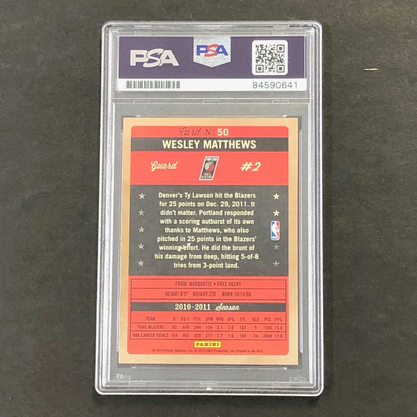 2011-12 Panini Past & Present #50 Wesley Matthews Signed Card AUTO PSA Slabbed