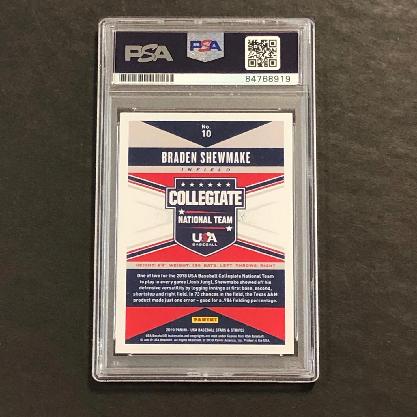 2019 Panini Stars & Stripes #10 Braden Shewmake Signed Card Auto Grade 10 PSA Sl