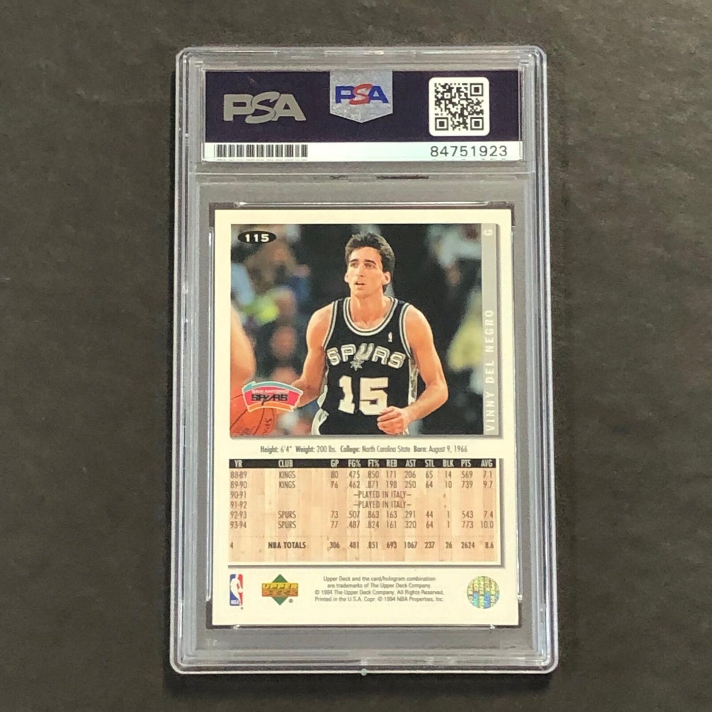 1993-94 Upper Deck Collector's Choice #115 Vinny Del Negro Signed Card Auto PSA