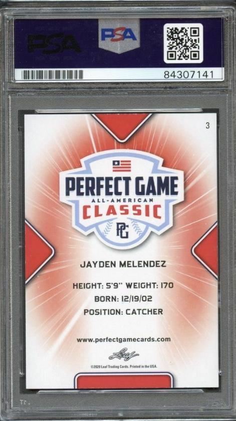 2020 Leaf Perfect Game Jayden Melendez Signed Card AUTO PSA Slabbed