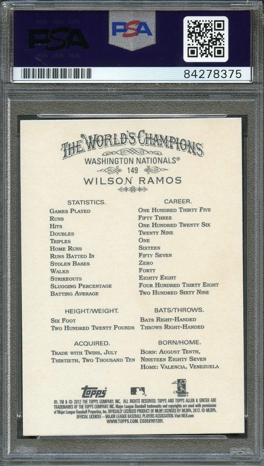 2012 Topps Allen & Ginter #149 Wilson Ramos Signed Card PSA Slabbed Auto Nationa