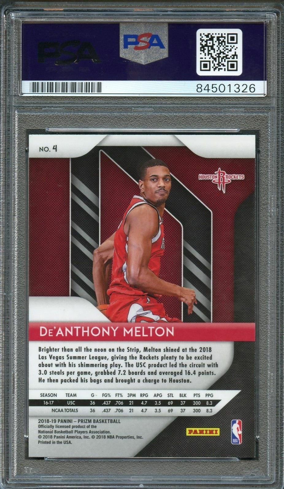 2018-19 Panini Prizm #4 De'Anthony Melton Signed Card AUTO PSA Slabbed RC Rocket