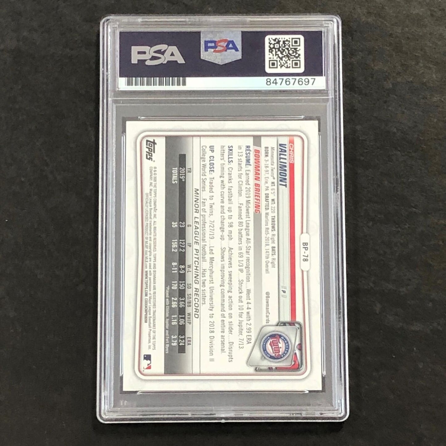 2020 Topps Bowman Chrome #BCP-78 Chris Vallimont Signed Card AUTO 10 PSA Slabbed