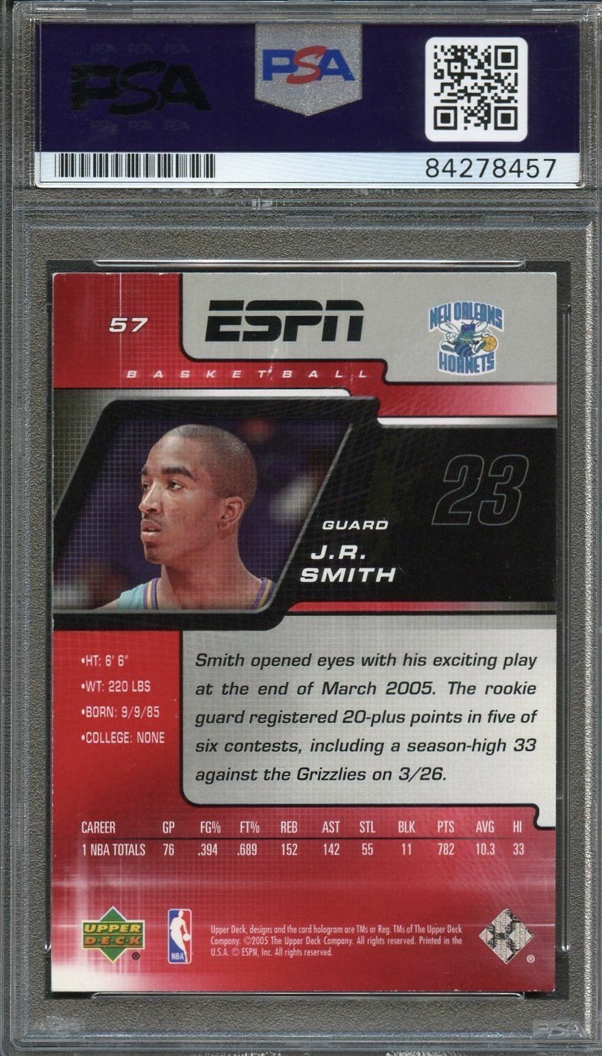 2005 Upper Deck #57 J.R. Smith Signed Rookie Card AUTO PSA Slabbed Hornets