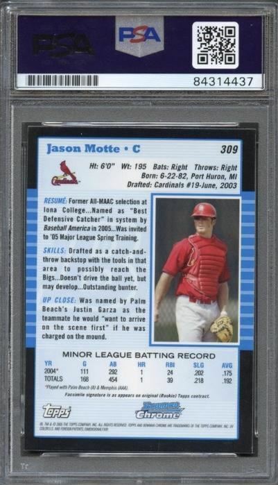 2005 Bowman #309 Jason Motte Signed Card PSA Slabbed Auto