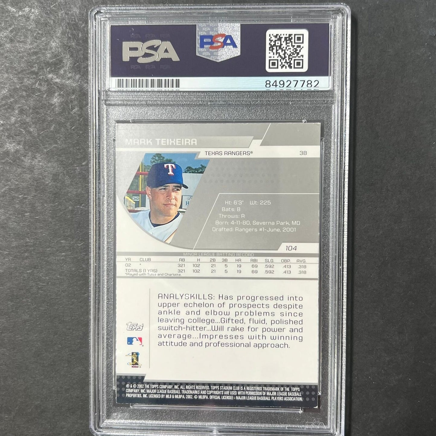 2002 Topps Stadium Club #104 Mark Teixeira Signed Card AUTO 10 PSA Slabbed Range