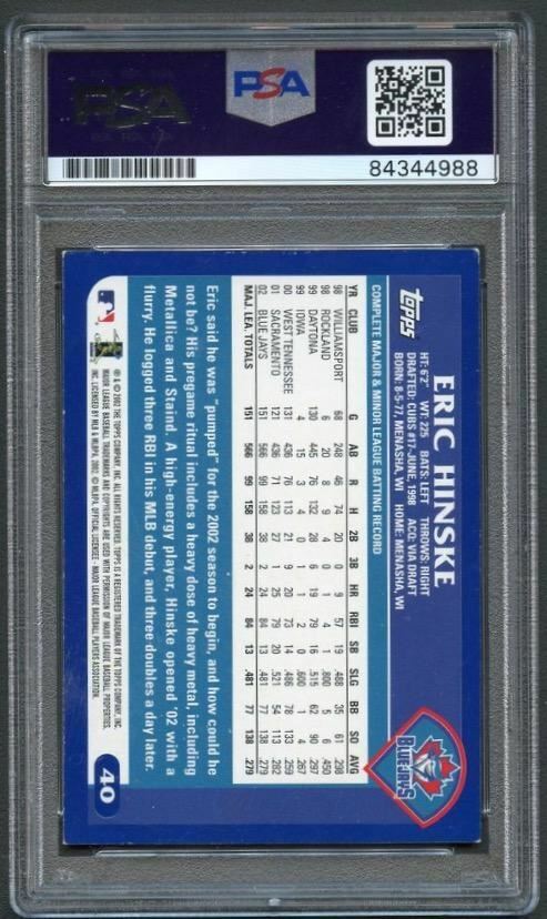 2003 Topps #40 Eric Hinske Signed Card PSA/DNA Slabbed Autographed AUTO Grade 10