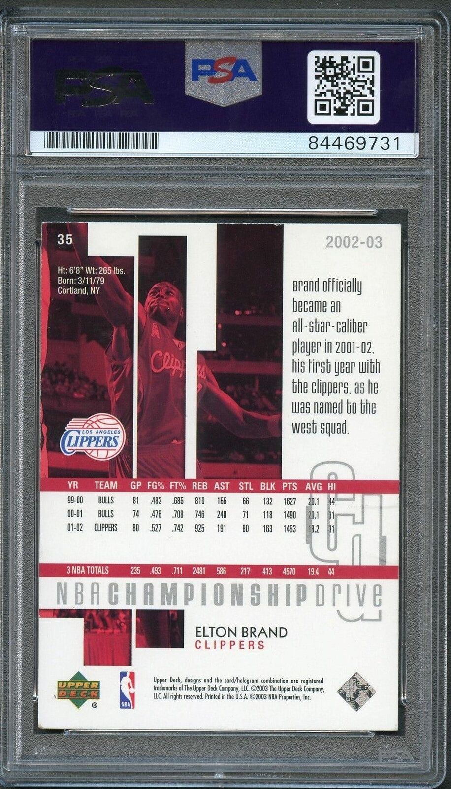 2002-03 Upper Deck Championship Drive #35 Elton Brand Signed Card AUTO PSA Slabb