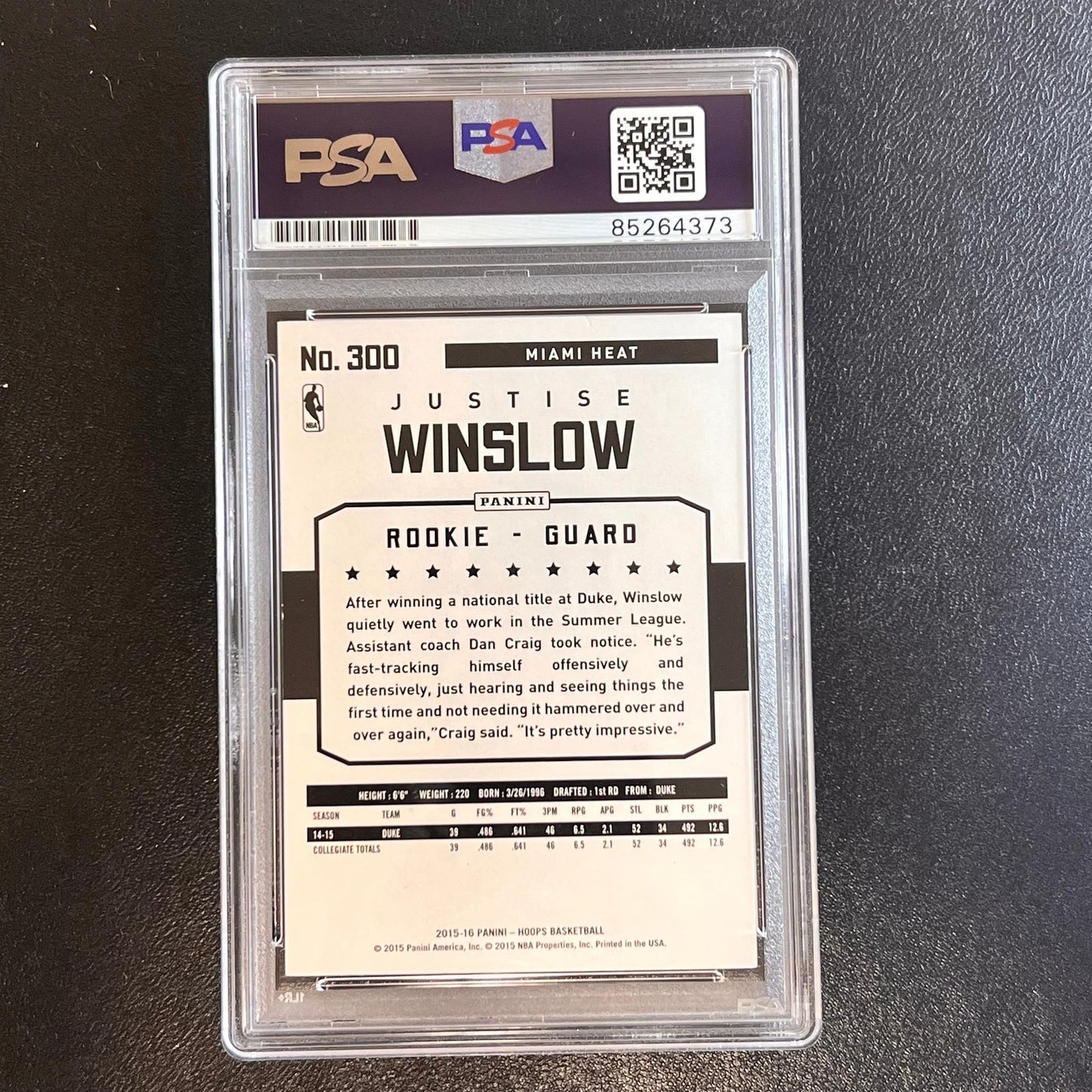 2015-16 Panini NBA Hoops #300 Justise Winslow Signed Rookie Card AUTO PSA/DNA Sl