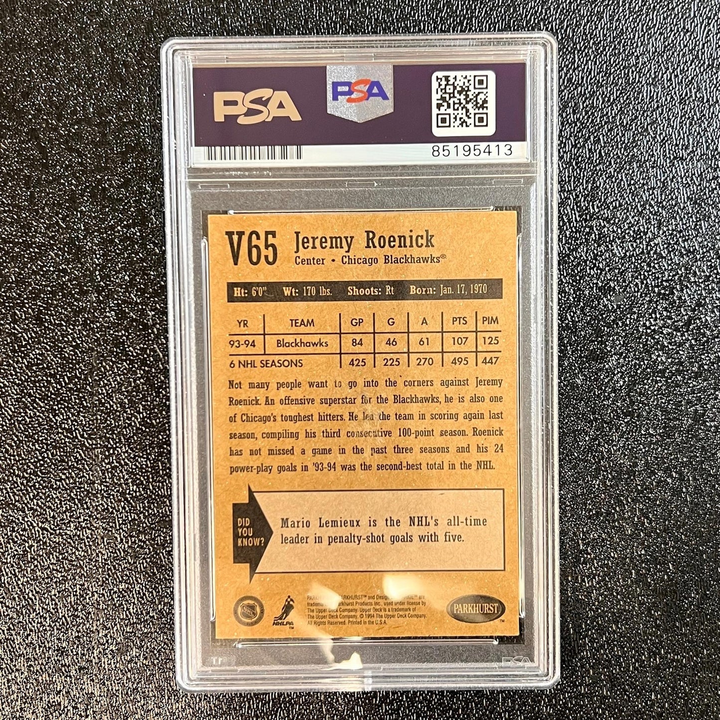 1994-95 Parkhurst #V65 Jeremy Roenick Signed Card AUTO PSA slabbed Blackhawks