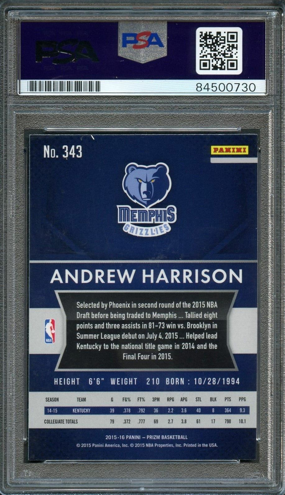 2015-16 Panini Prizm #343 Andrew Harrison Signed Card AUTO 10 PSA Slabbed RC Gri