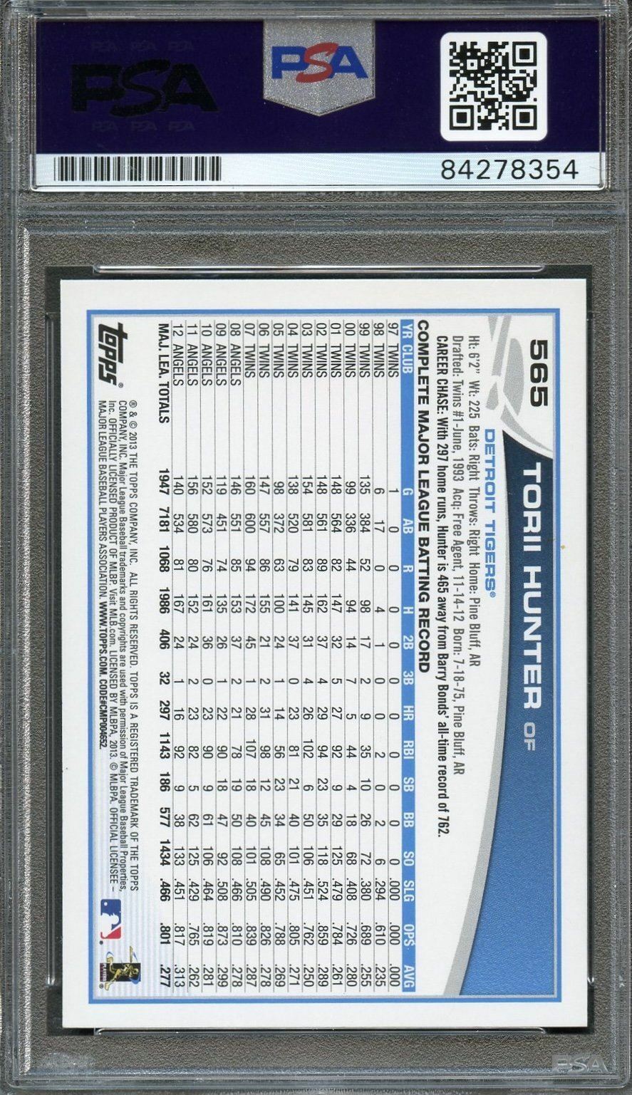 2013 Topps #565 Torii Hunter Signed Card PSA Slabbed Auto Tigers