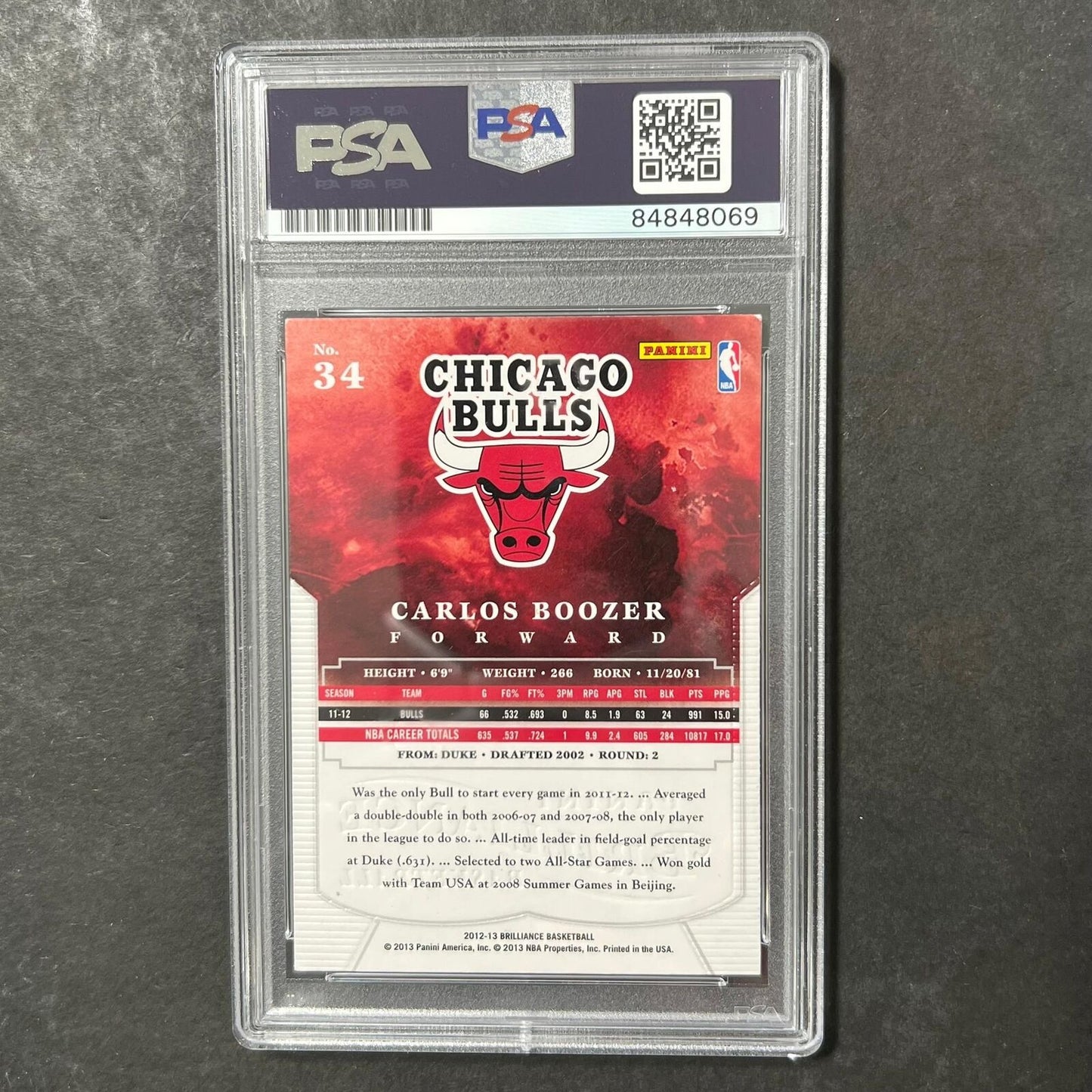2012-13 Panini Brilliance #34 Carlos Boozer Signed Card AUTO PSA Slabbed Bulls