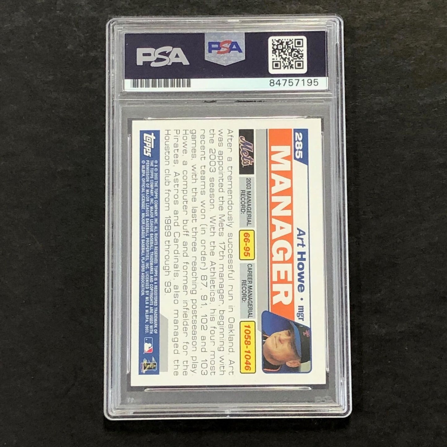 2003 Topps #285 Art Howe Signed Card PSA Slabbed Auto 10 Mets