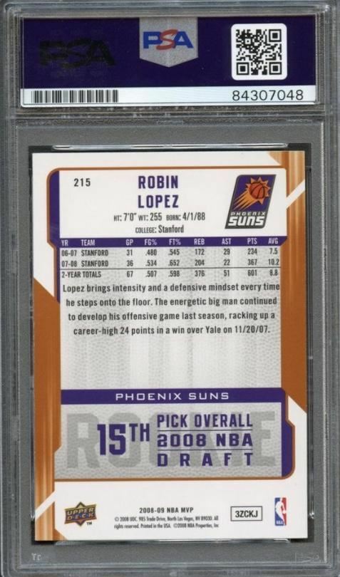 2008-09 Upper Deck MVP #215 Robin Lopez Signed Card AUTO PSA Slabbed