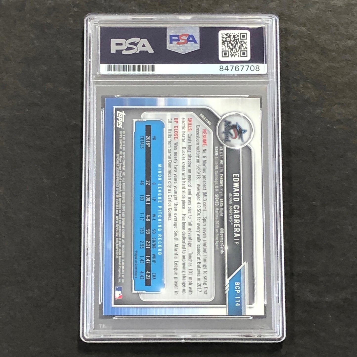 2019 Bowman Chrome #BCP-114 Edward Cabrera Signed Card PSA Slabbed Auto Marlins