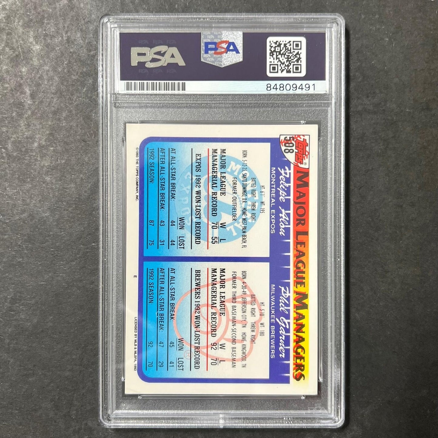 1993 Topps Managers #508 Felipe Alou/Phil Garner Signed Card AUTO PSA Slabbed Ra