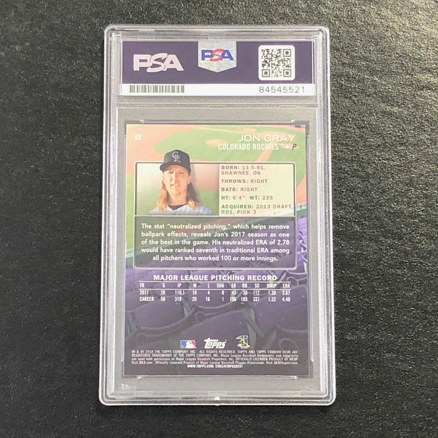 2018 Topps Stadium Club #98 Jon Gray Signed Card PSA Slabbed Auto 10 Rockies