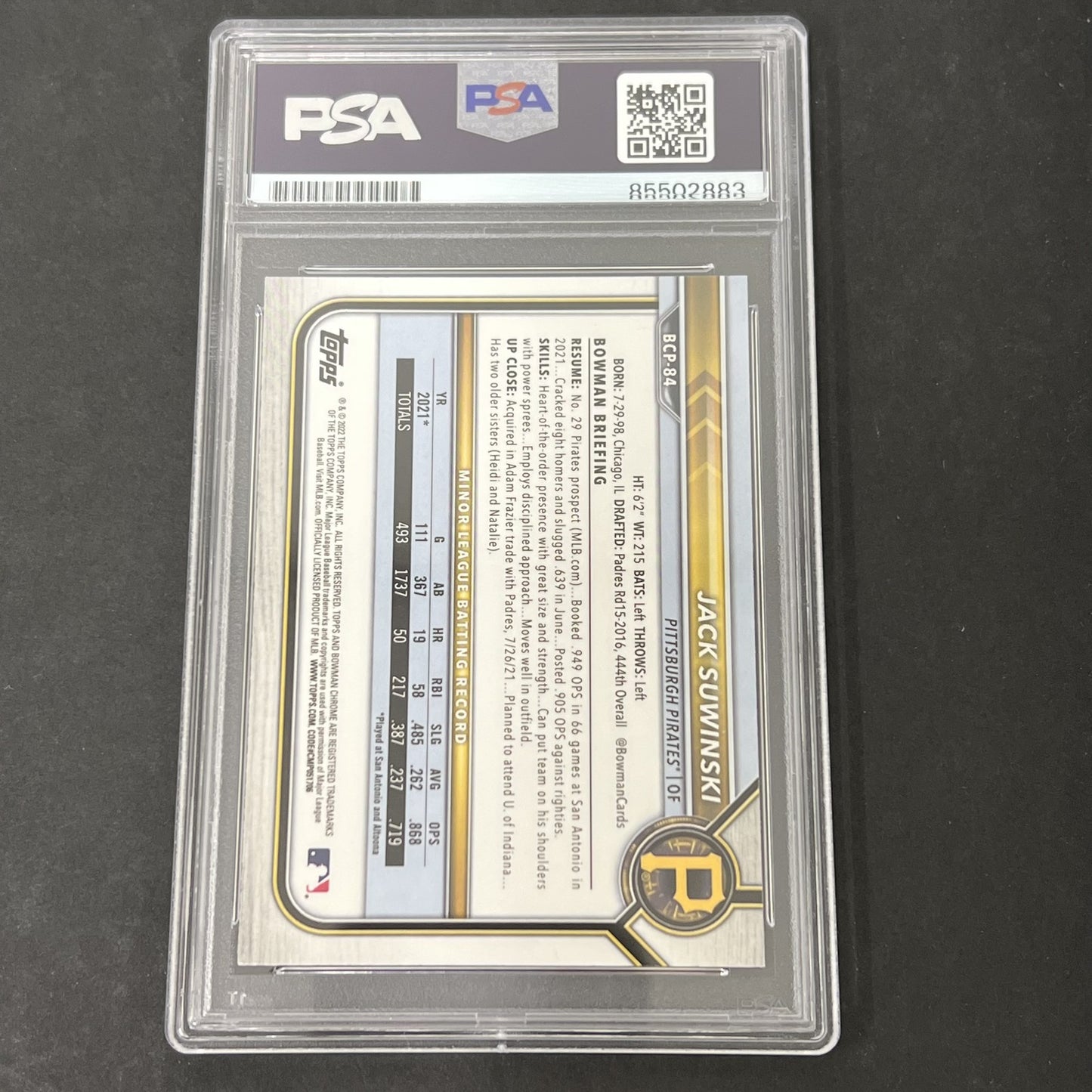 2022 1st Bowman Chrome #BCP-84 Jack Suwinski signed card PSA Auto 10