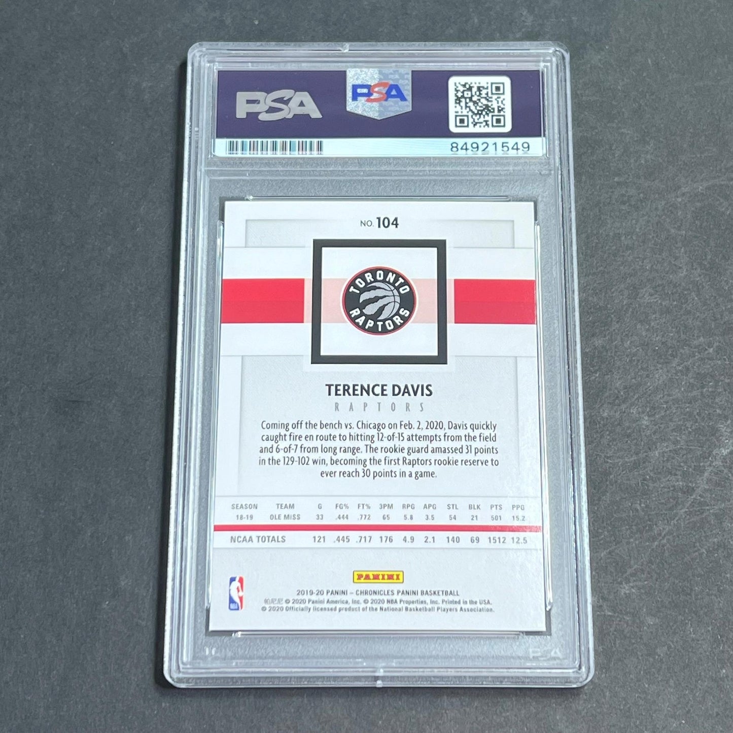 2019-20 Panini Chronicles #104 Terence Davis Signed Card AUTO 10 PSA Slabbed RC
