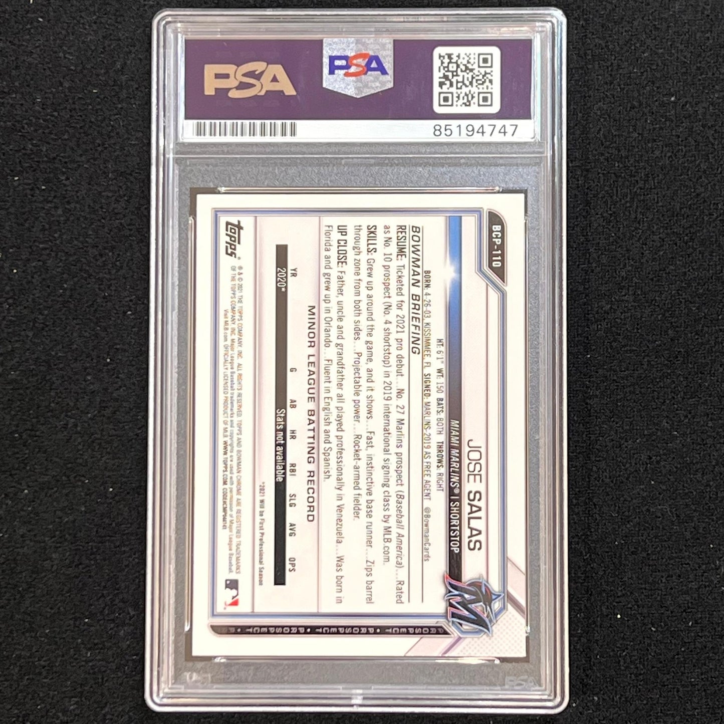 2021 Topps #BCP-110 Jose Salas Signed Card PSA Slabbed AUTO Marlins