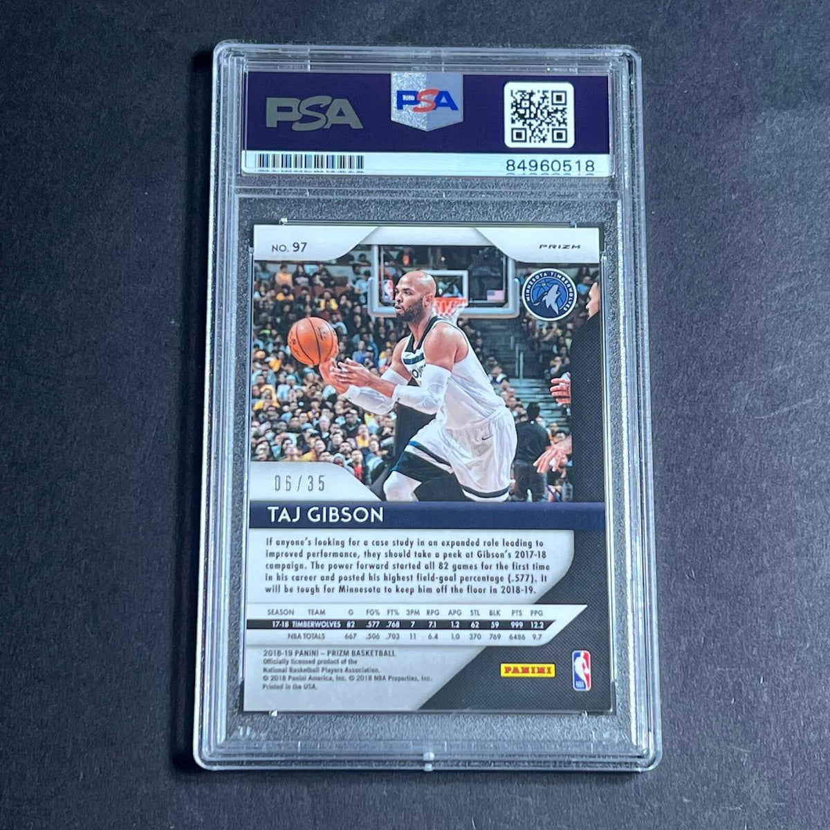 2018-19 Panini Prizm Purple NBA #97 Taj Gibson Signed Card AUTO PSA Slabbed Timb