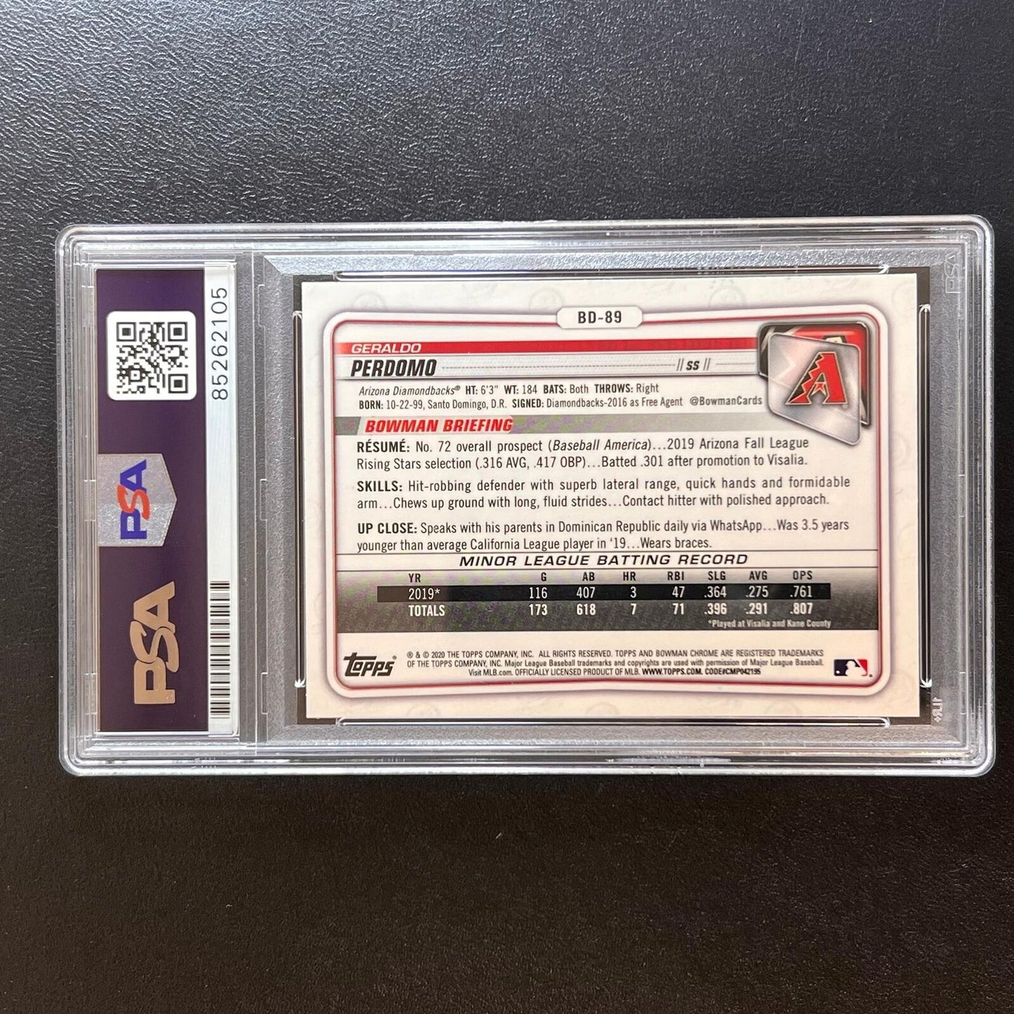 2020 Topps Bowman Chrome #BD-89 Geraldo Perdomo Signed Card PSA Slabbed AUTO Dia