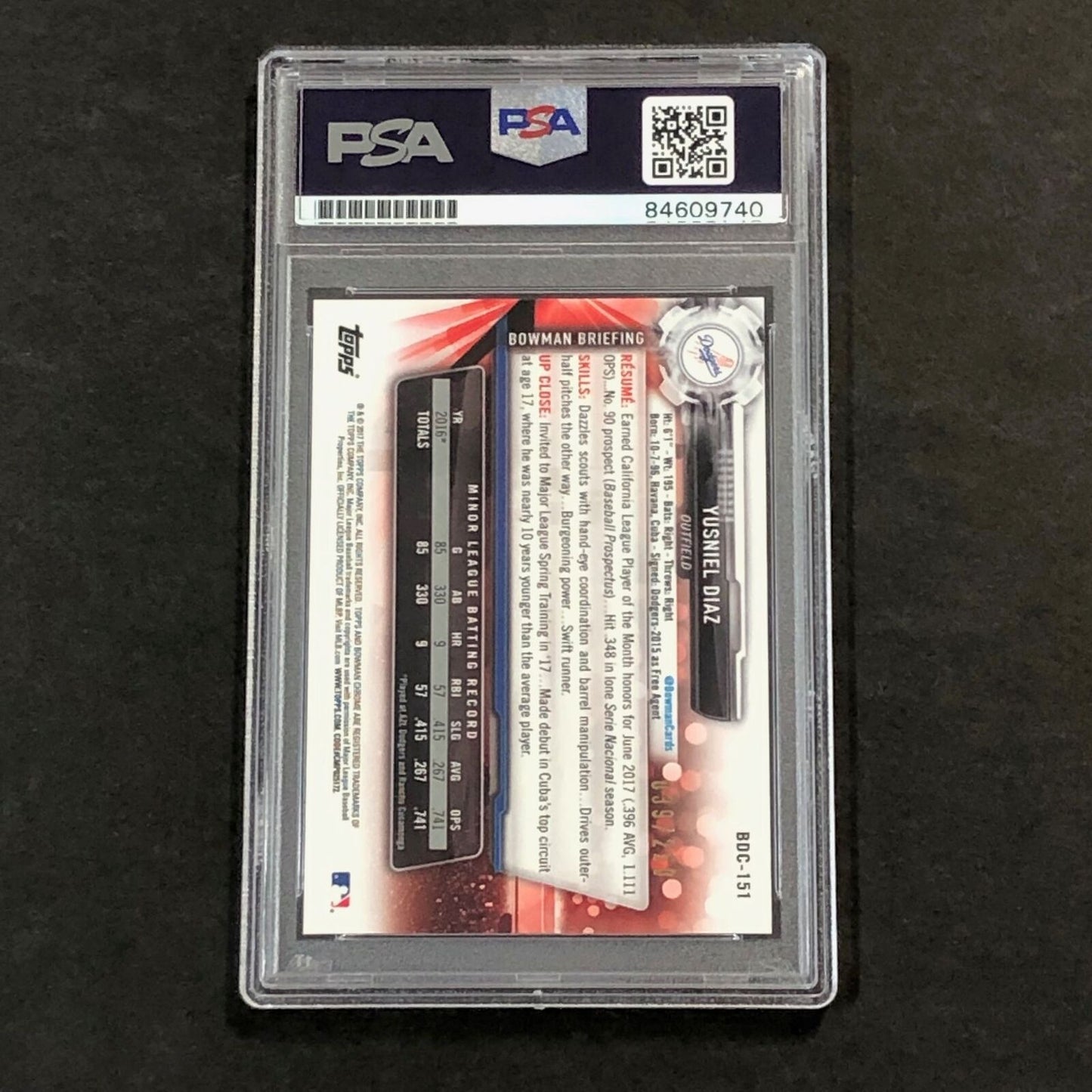 2017 Bowman Draft Purple Refractor #BDC-151 Yusniel Diaz Signed Card PSA Slabbed