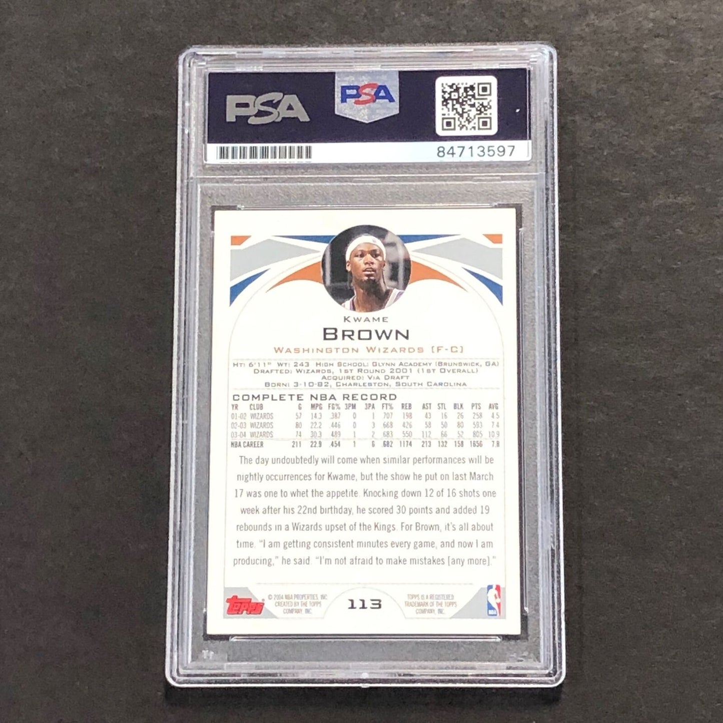 2004-05 Topps #113 Kwame Brown Signed Card AUTO PSA Slabbed Wizards