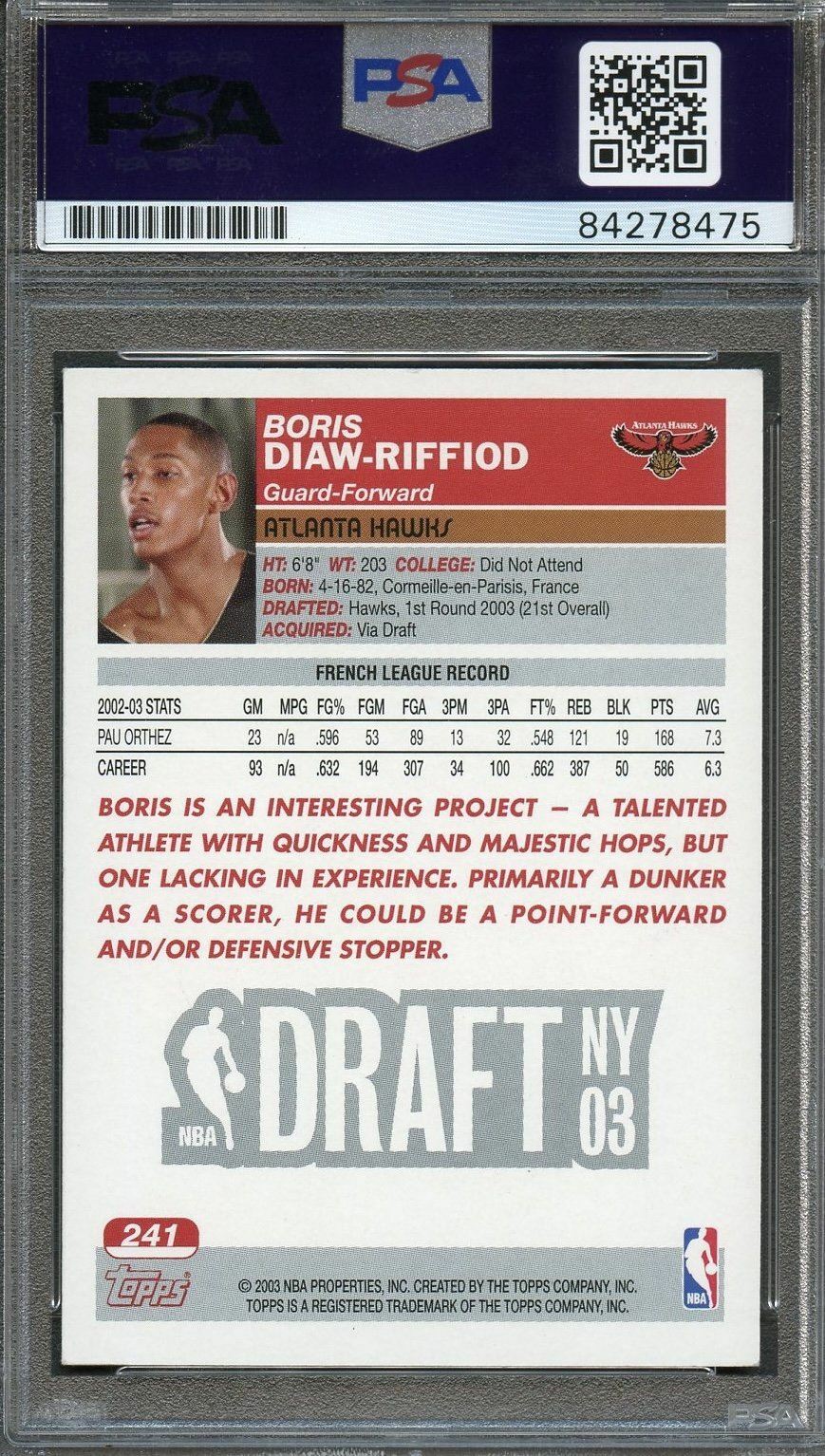 2003 NBA Topps #241 Boris Diaw-Riffiod Signed Card AUTO PSA Slabbed RC