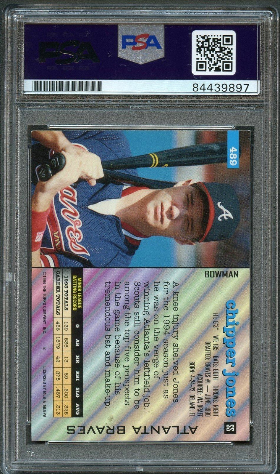 1994 Bowman Baseball #489 Chipper Jones Signed Card PSA Gem Mint 10 Slabbed Auto