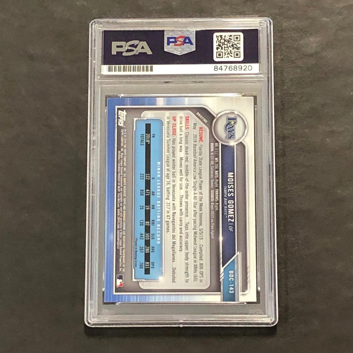 2019 Bowman Chrome #BDC-143 Moises Gomez Signed Card PSA Slabbed Auto Grade 10 R