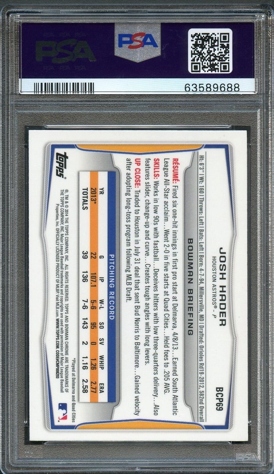 2014 Bowman Chrome #BCP69 Josh Hader Signed Card PSA Slabbed Auto 10
